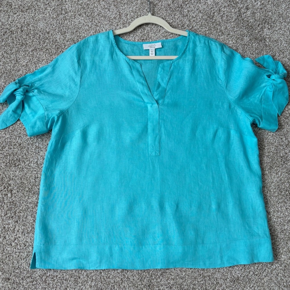 Charter Club Luxury Linen Turquoise Bow Tie Sleeve Split Neck XL Coastal Chic - Picture 6 of 8